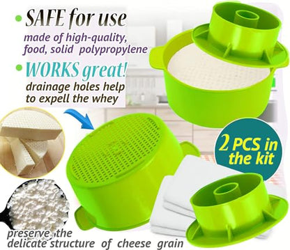 2 Pcs Cheese Mold for Cheese Making Cheese With Follower Piston Color Green - Cheesemaking Supplies - Cheese Form Mold - Cotton Cloth For Straining - Molde Para Queso Casero