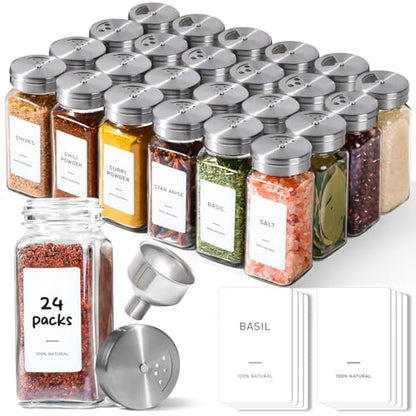 ComSaf Glass Spice Jars with Shaker Lids 4 oz 24 Pack Small Square Bulk Set | Labels, Seasoning Herbs Powders, Salt Pepper Chili, Spice Rack Organization, Kitchen Cabinet Storage, Funnel Included - color: Silver Lids