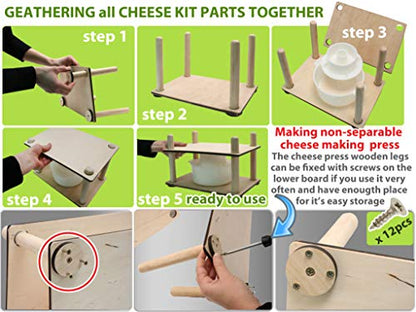 Wooden Cheese Press for Cheese Making Supplies 12 in Wooden Guides and Cheese Mold with Follower Piston 1.3 Qt - Small Home Supply Ultimate Cheese Press Machine - Prensa Para Queso Casero