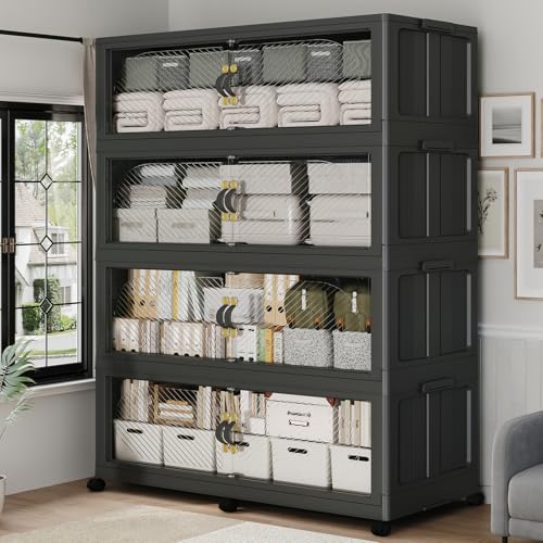 240Gal/960QT 4-Tiers Extra Large Stackable Storage Bins with Lid, Collapsible Cabinet Closet Organizer Plastic Container Box with Wheels Doors Drawers for Office Dorm Kitchen, Black - color: Black, size: 60Gal-4Pack