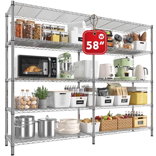 REIBII 58" W Storage Shelves Wire Shelving 1400LB Metal Shelves for 5 Tier Shelving Unit with Shelf Adjustable Garage Shelving Rack for Pantry Kitchen Garage, 58" W x 59" H x 13.8" D, Chrome - style: Chrome-13.8"D x 58"W x 59"H-5 Tier