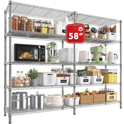 REIBII 58" W Storage Shelves Wire Shelving 1400LB Metal Shelves for 5 Tier Shelving Unit with Shelf Adjustable Garage Shelving Rack for Pantry Kitchen Garage, 58" W x 59" H x 13.8" D, Chrome - style: Chrome-13.8"D x 58"W x 59"H-5 Tier