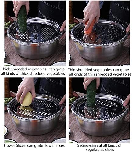 2026 New Multifunctional Stainless Steel Basin with Grater 3 in 1 Vegetable Cutter Julienne Grater with Drain Basket Vegetable Fruits Washing Bowl Strainer Set (28cm)
