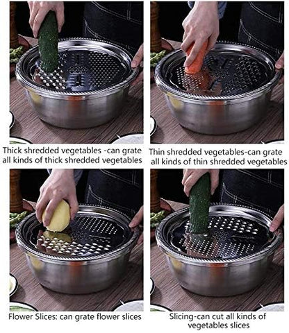 2026 New Multifunctional Stainless Steel Basin with Grater 3 in 1 Vegetable Cutter Julienne Grater with Drain Basket Vegetable Fruits Washing Bowl Strainer Set (28cm)