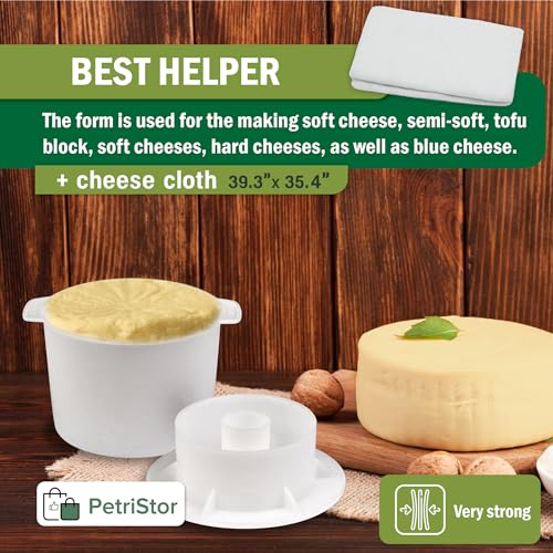 Cheese Mold for Cheese Making with Follower Piston 1/2 gal - Cheesemaking Supplies - Cheese Form Mold - Cheese Making Basket - Cotton Cloth For Straining - Molde Para Queso Casero