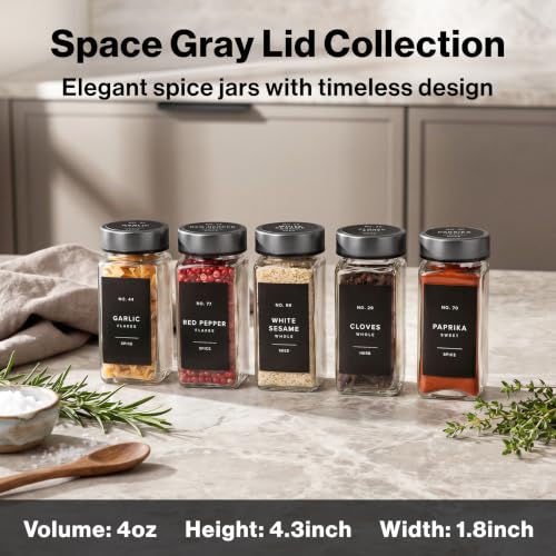 EDELHAUS Glass Spice Jars with Label, 24x Space Gray Stainless Steel Lids | Airtight lids keep spices fresh; use as a spice organizer, seasoning containers or 4 oz jar set; funnel, brush & 240 labels - color: Space Gray Stainless Steel Lid