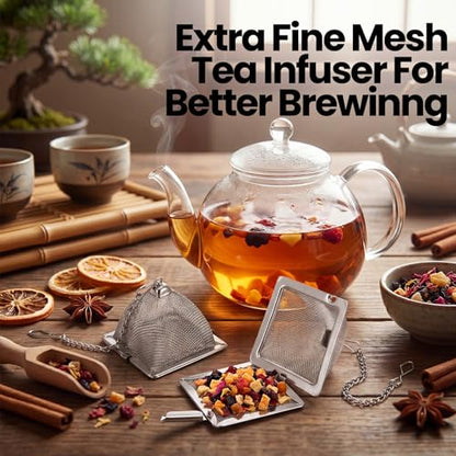 Zopeal 9 Pcs Tea Infuser Stainless Steel Strainer with Extended Chain Hook and Saucer Loose Leaf Steeper Fine Mesh Ball Tea Filter for Brew Spices Seasonings Fits Cup Mug Bottle (Pyramid) - style: Pyramid