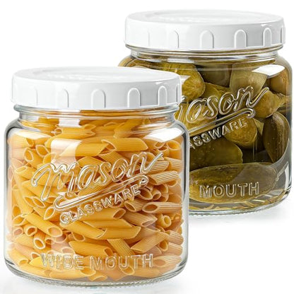 2 Pack Glass Jar with Lid, Half Gallon Mason Jar Wide Mouth for Pantry Storage, Flour, Pasta, Cookie, Candy, Fermenting, Pickle - Airtight Glass Storage Jars for Fridge w 2 Scale Marks(64 Oz)