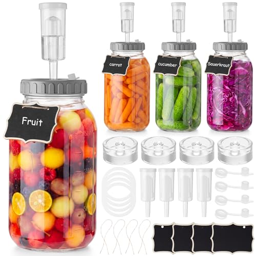 Mifoci 4 Pack Fermentation Jar Kit 64 oz Mason Glass Fermenting Jars with Fermenting Lids Airlock Lids Glass Weights Airlocks Silicone Rings for Easy Making and Storing Pickles Sauerkraut Kimchi
