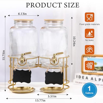 Drink Dispensers For Parties- 1 Gallon Beverage Dispenser with Stand and Spigot 18/8 Stainless Steel Leak-proof- Sun Tea Glass Jar For Outside, Juice Lemonade Dispenser