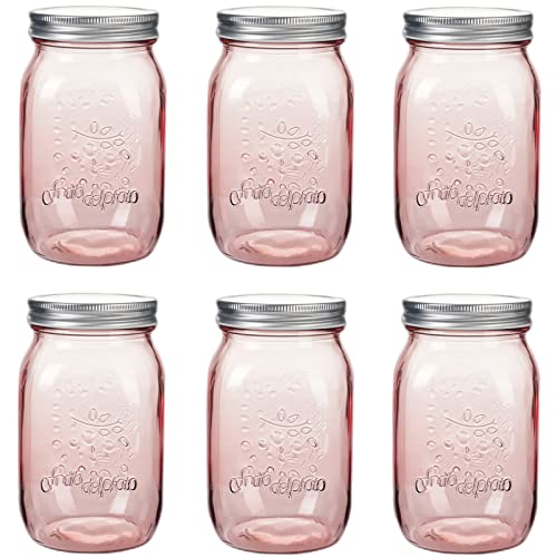 Amzcku 32 oz Rose-Pink Mason Jars with Lids, 6 Pack Wide Mouth Quart Canning Jar, Safe For Storage, Canning, Pickling, Preserving, Fermenting, DIY Crafts & Decor - color: pink32oz 6pack