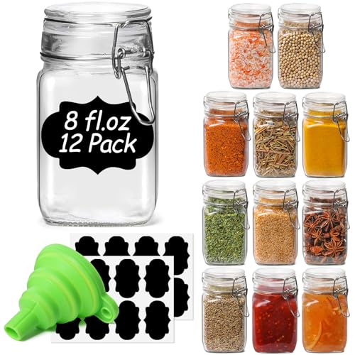 ComSaf Square Small 8 oz Glass Spice Jars with Airtight Lids 12 Pack Pantry | Jams herbs, Overnight oats, Pickling favors, Labels included, Funnel included, Pantry organization, Sourdough pickling - size: 8oz*12