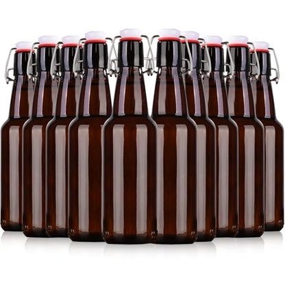 16.5oz Amber Swing Top Glass Bottles for Airtight Lids, Home Brewing and Fermentation Kombucha, Vanilla Extract, Beverage, Water, Kefir (10 Pack)