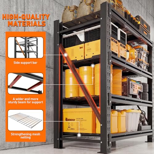 Romorgniz 3020LBS Heavy Duty Garage Shelving, 51.6" W Storage Shelves with Wire Deck, Rust/Water Resistant, 4 Tier Adjustable Industrial Shelving for Warehouse Basement, 17.8" D Deep x 72" H, Black - size: 51.6" W X 72" H X 17.8" D