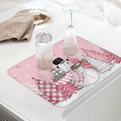 Pink Snowman Christmas Dish Drying Mat for Kitchen Counter, Microfiber Rack Pads, Winter Snowflake Pink Grey Xmas Tree Absorbent Dish Bottle Drying Mat, 18''x24'', 1 Pack - size: 1PCS-18x24in