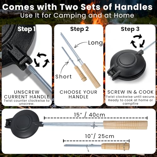 교체 가능한 손잡이가 있는 주철 샌드위치 메이커(25.4cm(10인치) 및 38.1cm(15인치)) Disquera De Pan Cubano Redondo로도 이상적입니다 | 맛있는 샌드위치를 만들기 위한 캠핑용 고품질 호보 파이 메이커 - style: 유닛 1개 + 핸들 2개