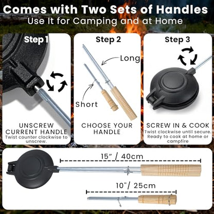 교체 가능한 손잡이가 있는 주철 샌드위치 메이커(25.4cm(10인치) 및 38.1cm(15인치)) Disquera De Pan Cubano Redondo로도 이상적입니다 | 맛있는 샌드위치를 만들기 위한 캠핑용 고품질 호보 파이 메이커 - style: 유닛 1개 + 핸들 2개