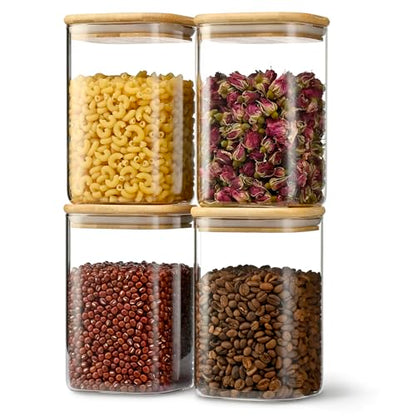 D2scrma 37oz Airtight Glass Square Storage Canister with Bamboo Lid Set of 4 (1100ml) Container Stackable Jar, Kitchen Canister for Pantry Noodles, Flour and Coffee beans (‎with Black Lable) - size: 37oz*4