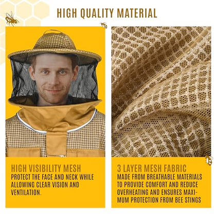 3 Layer Professional Beekeeping Suit - Heavy Duty Protective Bee Suit for Safe and Efficient Apiary Management. - color: Khaki, size: XX-Large