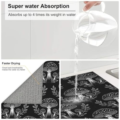 Mushrooms Leaves Plants Dish Drying Mats for Kitchen Counter, Super Absorbent Microfiber Drainer Pad, Washable Reversible Appliance Protector, Everyday Kitchen Must-Have, 16x18 Inch - color: Mushrooms Leaves Plants