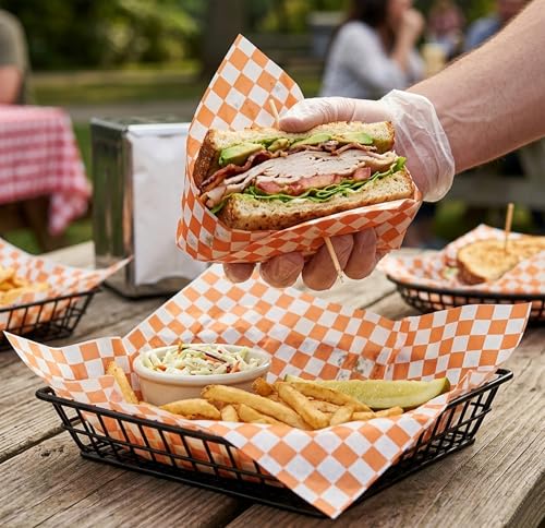 MADE IN USA 1,000 Sheets of Grease-Resistant Food Grade Waxed Kraft Deli Tissue Paper, 12" X 12" (Orange Checker Print) - color: Orange Checker Print