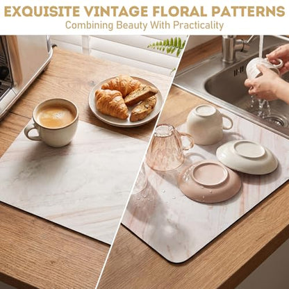 LemonRoad Dish Drying Mat for Kitchen Counter, 12"x20" Absorbent Coffee Bar Mat with Marble Texture Design, Fast-dry Diatomite Drainer Drying Mats with Non-slip Backing for Kitchen Sink Countertop - style: Marble Pattern