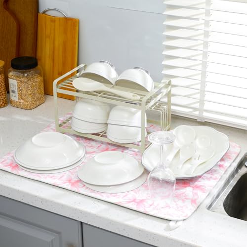 SiliFine 2 Pcs Large Coquette Pink Bow Dish Drying Mat Large for Kitchen, 18 X 24 Inch Bow Absorbent Microfiber Coffee Bar Pad for Women Counter Kitchen Home Accessories Party Gifts - style: Pink Bow