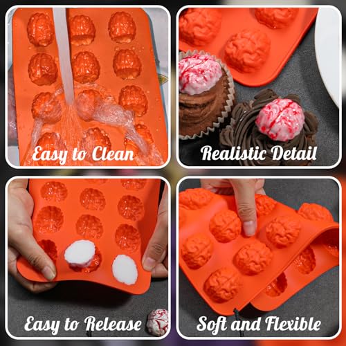 Webake Brain Chocolate Mold, Bite Size Halloween Brain Silicone Molds 15-Cavity for Halloween Chocolate, Candy, Jello, Cupcake, Treats, Pack of 2 - style: Brain