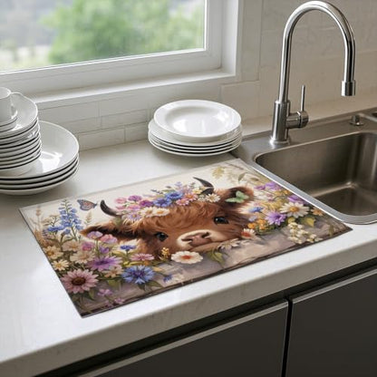 Absorbent Kitchen Dish Drying Mat Quick Dry Heat Resistant Hide Stain for Glasses Coffee Espresso Machines Pots Pans and Dish Racks,18" x 24" Cute Highland Cow Flower Pattern - color: Cute Highland Cow Flower