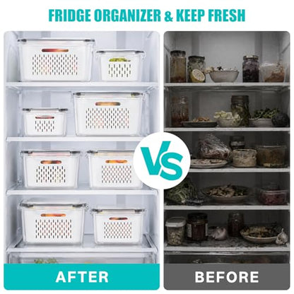 HOMETALL 4 Pack Fruit Storage Containers for Fridge Set, Produce Containers for Fridge with Strainer, Plastic Reusable Fridge Organizers and Storage for Berry Salad Lettuce, Size 3.4, 1.8, 0.9, 0.4QT - size: 4PCS