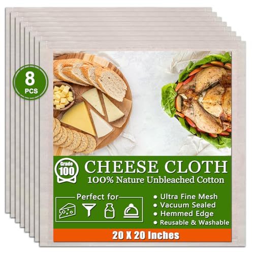 8 Pcs Cheese Cloths, 100% Unbleached Cotton, 20x20 Inch Cheesecloth for Straining, Grade 100 Ultra-Dense Cheese Cloth With Fabric Fine Mesh Cloth for Cooking, Juicing, Baking, Cheese Making - color: 8 Pcs