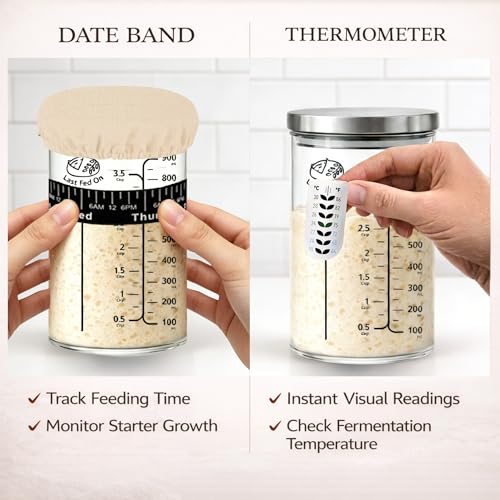 34Oz Sourdough Starter Jar Kit with Date Band, Thermometer & Wooden Spurtle Glass Sourdough Starter Container, Homemade Bread Fermentation Jar Kit