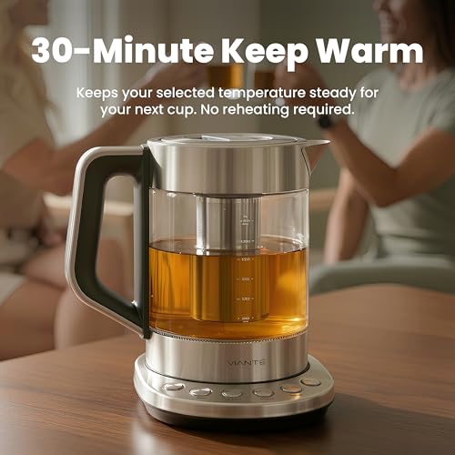 Viante Alba Electric Tea Kettle With Infuser, No Plastic, 1.5L | Borosilicate glass & 304 stainless steel construction. 4 temp presets, keep-warm, cordless, auto shut-off - style: Stainless Steel