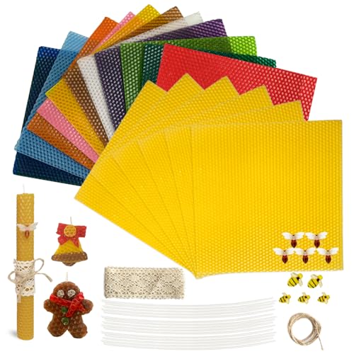 Lacaser Beeswax Sheets for Candle Making Kit, Pure Bees Wax Made Candle Sheets, Include Bee Ornaments, Lace, Cotton Wicks, Gift Tag & Hemp Rope, Size 8"x 8", 16pcs in Assorted Colors