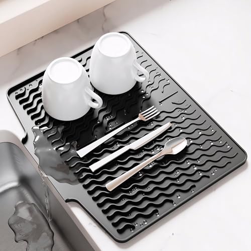 Dish Drying Mat with Drain, Silicone Mat for Kitchen Counter, Non-Slip Drainer Mat for Kitchen Sink, Countertop Dish Drying Rack, Heat Resistant Kitchen Accesories(Black, 15.6"x13") - color: Black