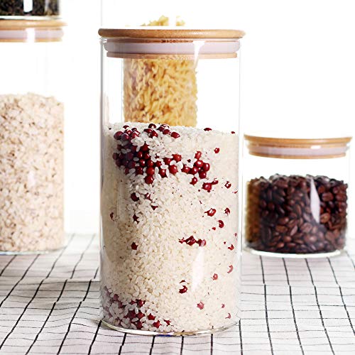 LEAVES AND TREES Y Stackable Kitchen Canisters Set, Pack of 5 Clear Glass Food Storage Jars Containers with Airtight Bamboo Lid for Candy, Cookie, Rice, Sugar, Flour, Pasta, Nuts - color: Round-3.9 IN-5Pack