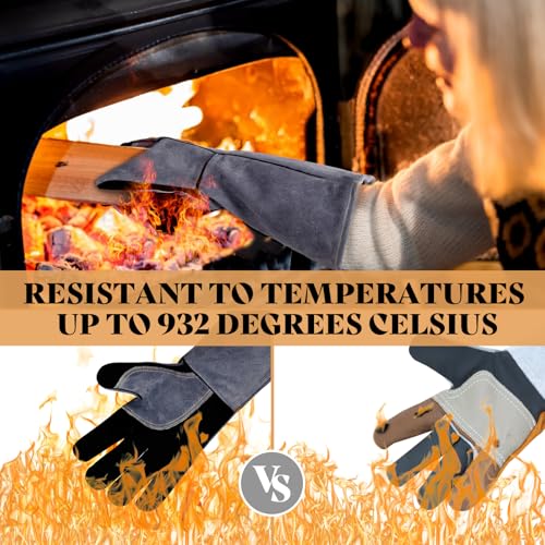 Leather Welding Gloves, 16inch 932℉ Heat/Fire Resistant, Wood Stove Gloves, Large Mitts for BBQ,Grill,Tig/Mig (Grey, M) - color: Crey, size: Medium