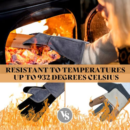 Leather Welding Gloves, 16inch 932℉ Heat/Fire Resistant, Wood Stove Gloves, Large Mitts for BBQ,Grill,Tig/Mig (Grey, M) - color: Crey, size: Medium