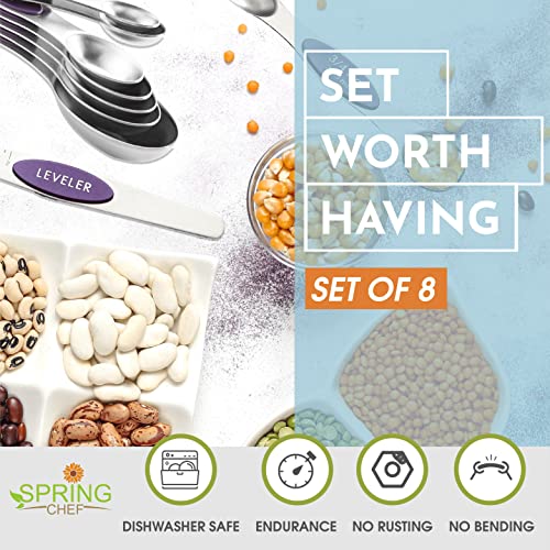 Spring Chef Purple Stainless Steel Magnetic Measuring Spoons Set of 8 with Leveler, Dual Sided Metal Teaspoon & Tablespoon Measuring Spoons, Kitchen Gadgets for Baking & Cooking, Fits in Spice Jars - color: Purple, size: 1-Pack