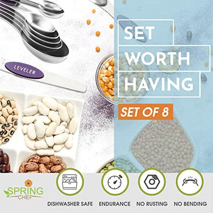 Spring Chef Purple Stainless Steel Magnetic Measuring Spoons Set of 8 with Leveler, Dual Sided Metal Teaspoon & Tablespoon Measuring Spoons, Kitchen Gadgets for Baking & Cooking, Fits in Spice Jars - color: Purple, size: 1-Pack