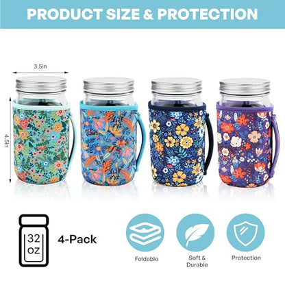 KJQJLY 4 Pcs Mason Jars Sleeves Neoprene 32oz Regular and Wide Mouth Mason Jar Sleeves Holder with Handle (Flowers, 32 OZ) - color: Flowers, size: 32 OZ