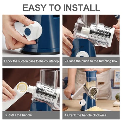Cambom Rotary Cheese Grater Hand Crank Cheese Shredder for Fresh Cheese, Vegetable, Nuts,Non-slip Suction Base, Five Blades, Dark Blue - color: Dark Blue, size: 5 BLADES