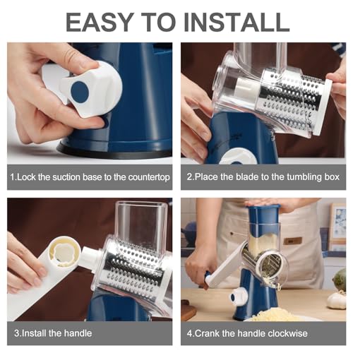 Cambom Rotary Cheese Grater Hand Crank Cheese Shredder for Fresh Cheese, Vegetable, Nuts,Non-slip Suction Base, Five Blades, Dark Blue - color: Dark Blue, size: 5 BLADES