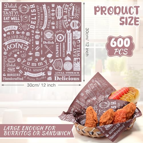 Outus 600 Pcs 12 x 12 Inch Deli Wax Paper Sheets Grease Resistant Tray Basket Liners Newsprint Paper Water and Grease Proof Sandwich Wrapping Square Hot Dog Wrappers for Food Baking (Coffee Color) - color: Coffee Color