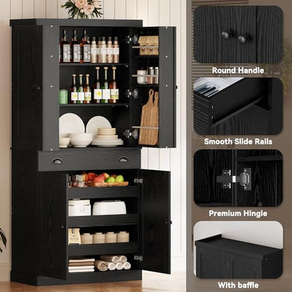 IRONCK Kitchen Pantry Cabinet 72" Height, Freestanding Cupboard with Drawer, Sliding Storage Rack, and 6 Hanging Shelves for Dining Room, Laundry, Living Room, Black - color: Black
