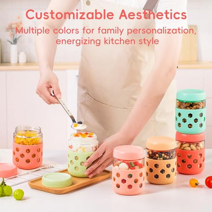 Gemice 6-Pack 16 oz Overnight Oats Containers with Lids and Silicone Sleeves, Glass Mason Jars with Airtight Lid, Dishwasher Safe, Wide Mouth Chia Seed Pudding Meal Prep Jar for Yogurt Berries Snack - color: Pink, size: 16oz, 6-Pack