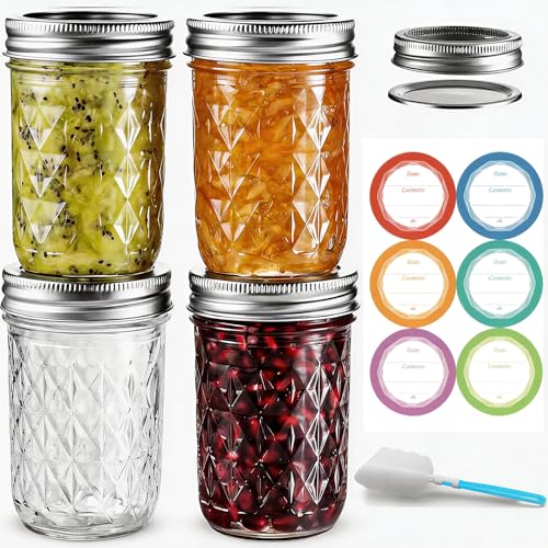 Mason Jars 8 oz Regular Mouth 4 Pack,Food Grade Glass Canning Jars with Airtight Lids, BPA Free Reusable Jars with Free Brush & Stickers for Food Storage, Canning, Jam, DIY Gifts - size: 8 oz