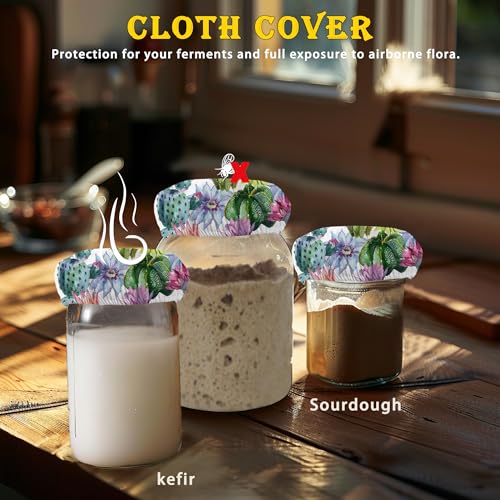 Cactus Flower Cloth Covers for Sourdough Starter Jars, Heat Preservation to Increase Fermentation for Bread Sewn Cloth Cover for Sourdough Starter（5 Pack） - color: Watercolour Cactus Flower