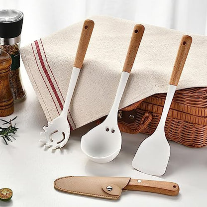 6pcs White Mini Silicone Kitchen Utensils Set, Non-stick Kitchenware Spatula Set with Holder, Cooking Tools Accessories. Include Turner, Soup Spoon, Pasta Server, Whisk, Fruit Knife. - color: 6pcs cooking utensils
