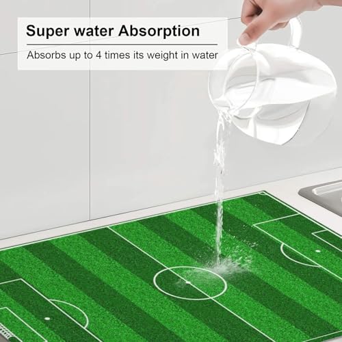 Soccer Field Dish Drying Mat for Kitchen Counter 18 x 24 inch Soccer Dish Drainer Rack Mats with Hanging Loop Football Dishes Drainer Pads Green Pitch Print Drying Pad for Cafe Bar Countertop - color: Dark Green